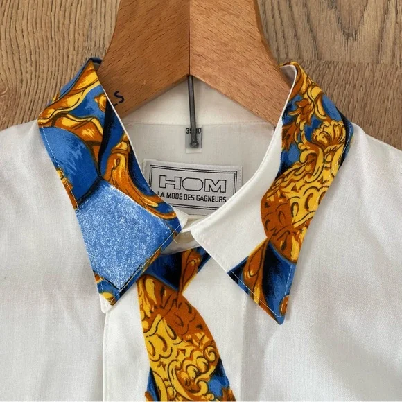 Vintage Hom La Mode Des Gagneurs Tie Print Shirt Size M 46” White Multi Quirky - Picture 5 of 10